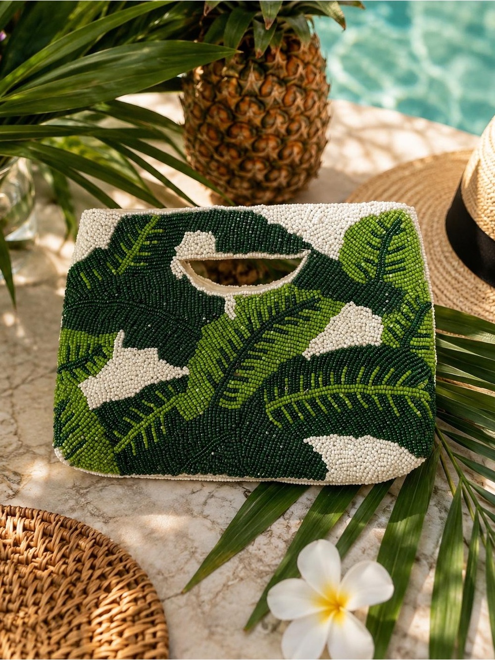 Beaded Tropical Leaf Clutch - Green & White